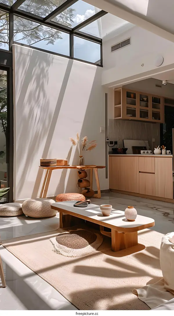 Minimalist Living Room Design with Skylight and Wooden Furniture
