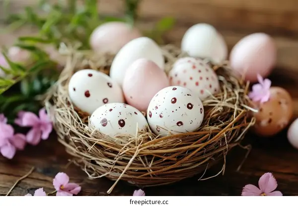 Easter Eggs in a Nest with Spring Flowers