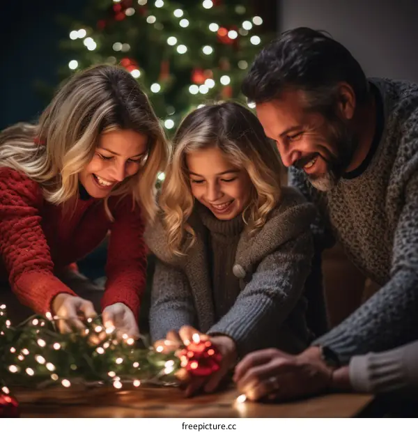 Family of three decorating a Christmas tree together