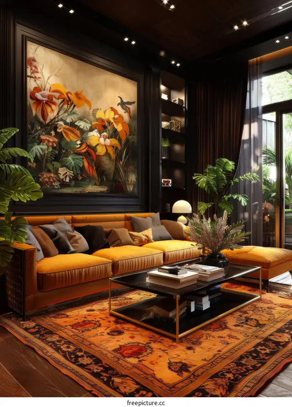 Luxurious Dark Living Room with Botanical Art