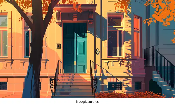 Autumnal Front Door with Steps and Tree