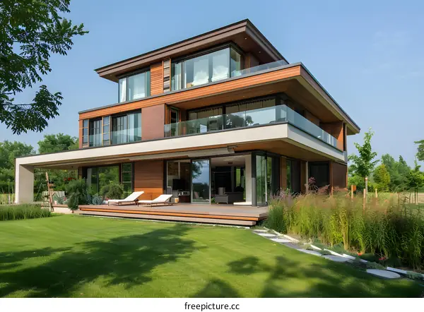 Modern House with Wooden Siding and Large Windows