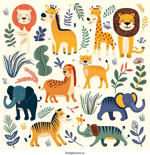 Cute Cartoon Animal Illustration Set With Lion, Giraffe, Elephant, Tiger, And Plants