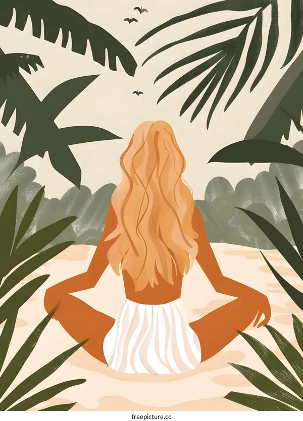 Woman Sitting in Lotus Position with Tropical Leaves Background