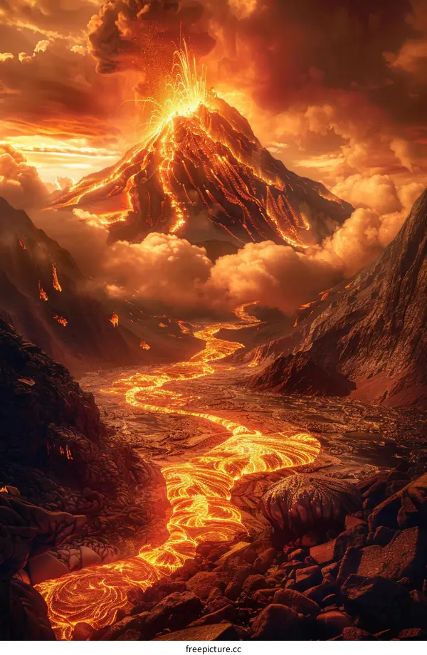 Lava Flowing Down a Mountainside During a Volcanic Eruption