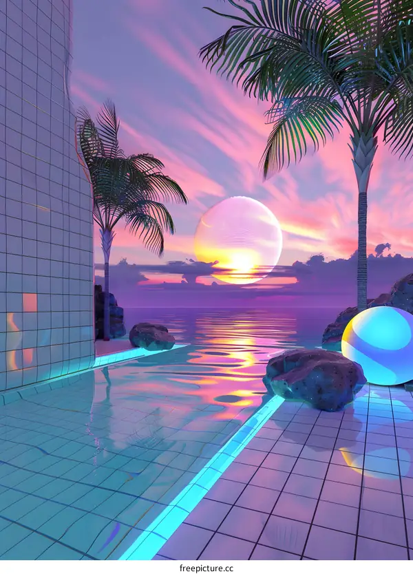 Swimming Pool at Sunset with Palm Trees