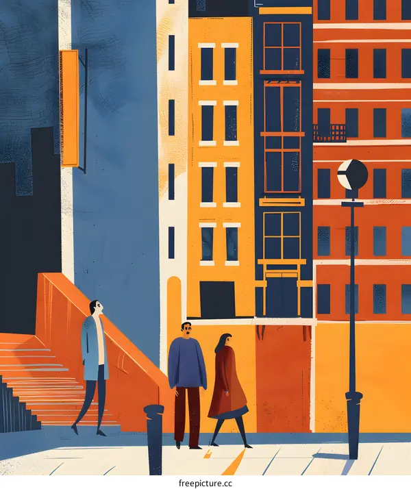 People Walking in Front of Buildings Illustration