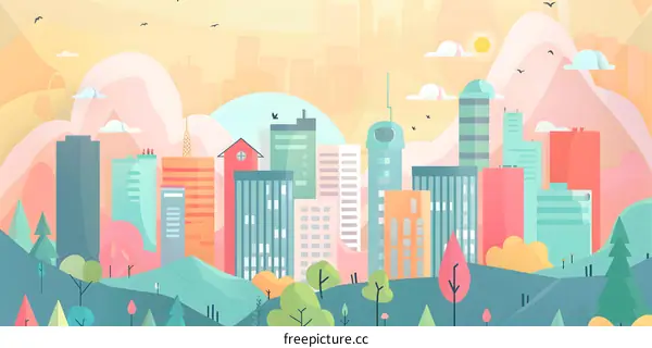 Colorful Cityscape Illustration with Hills and Sun