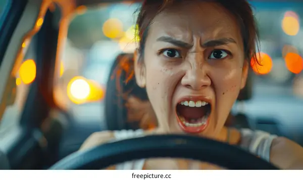 Close-up of a young woman looking shocked while driving