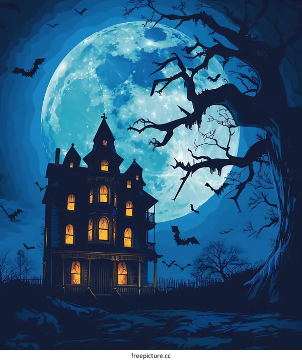 Halloween Haunted House Illustration with Full Moon and Bats