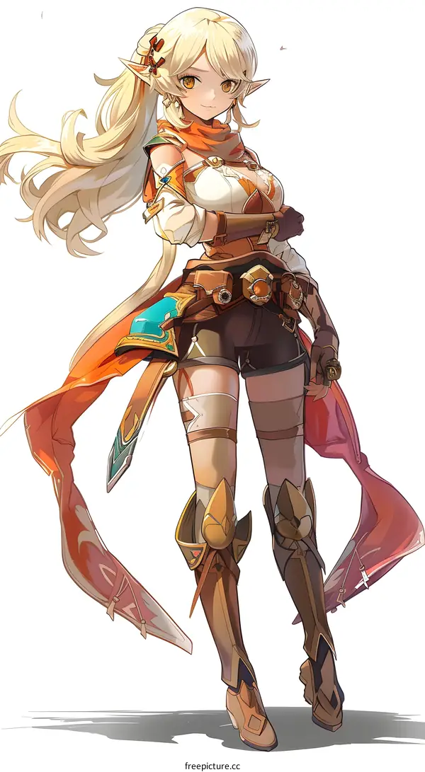 Blonde Female Character with Long Hair in Orange and Brown Outfit