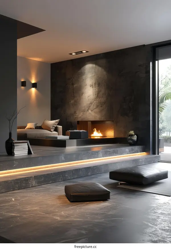 Modern Minimalist Living Room Interior Design with Fireplace