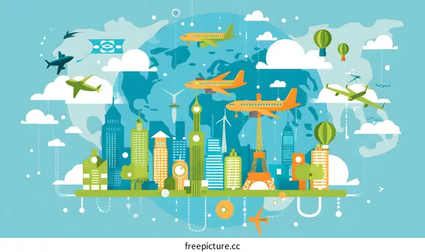 Global Travel Concept Illustration with Airplanes, Hot Air Balloons and City Skyline