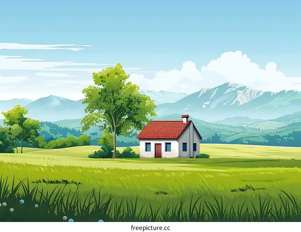Small House in a Green Meadow with Mountains in the Background