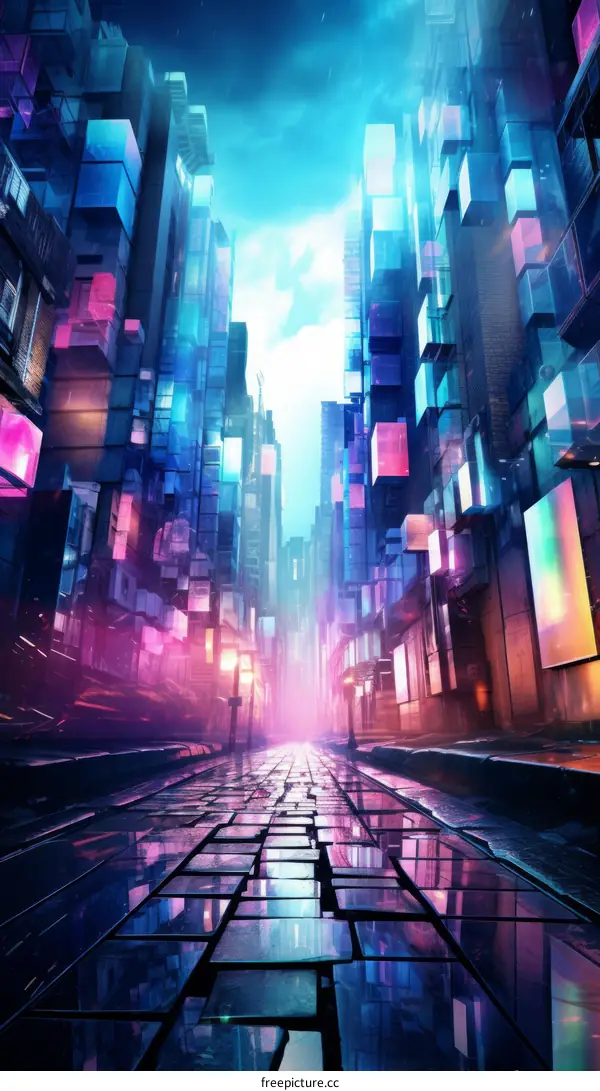 futuristic city street with glowing neon lights and reflections on the wet pavement