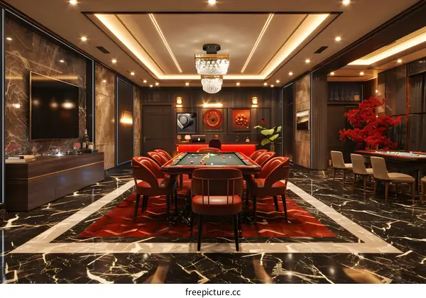Luxury Home Game Room Design With Pool Table And Red Chairs