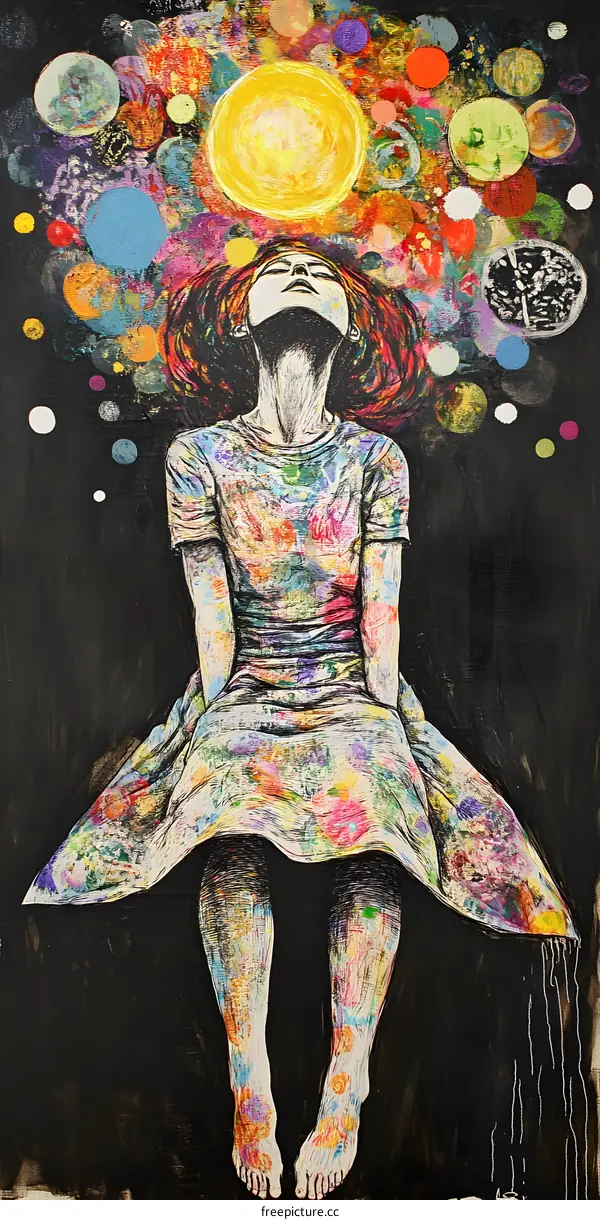Colorful Abstract Illustration of a Woman with Dots Surrounding her Head