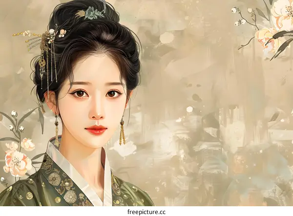 Beautiful Asian Woman in Traditional Hanbok Dress