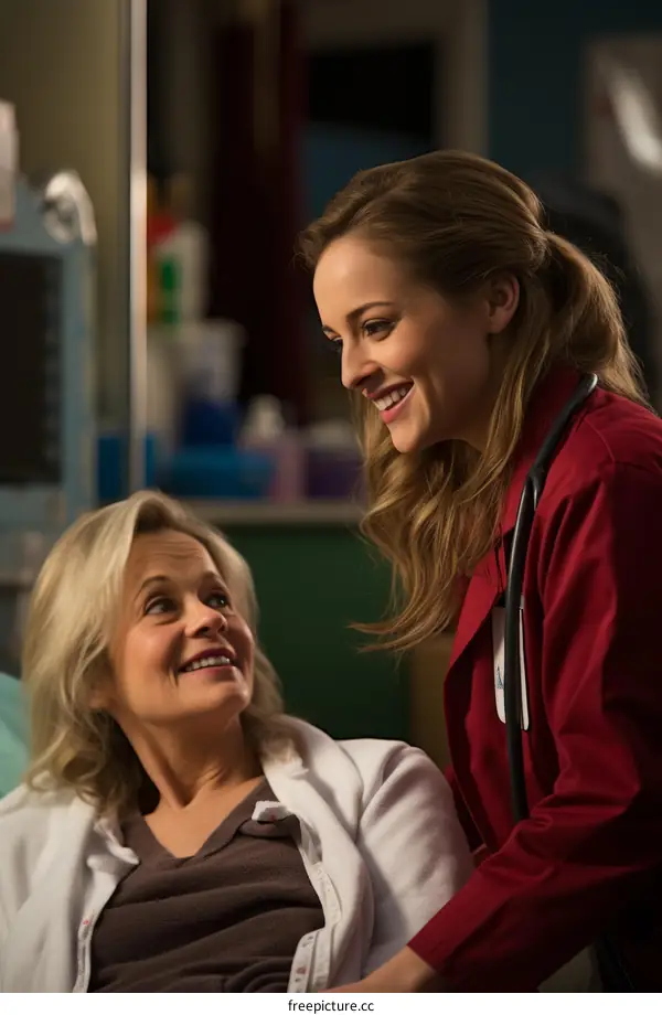 A young female doctor is talking to an elderly female patient.