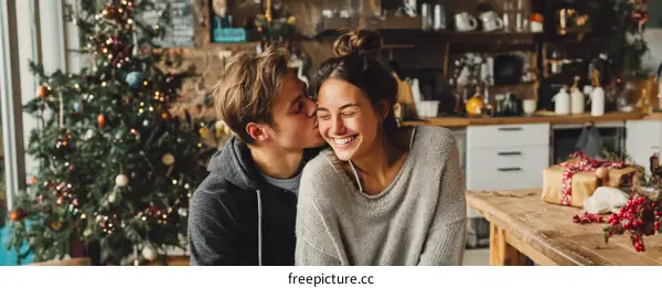 Couple Kissing in Cozy Christmas Kitchen
