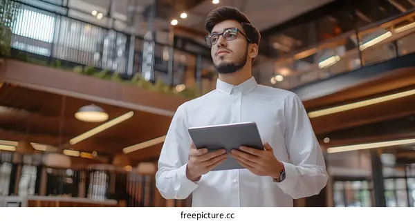 Young Businessman in Modern Office Holding Tablet