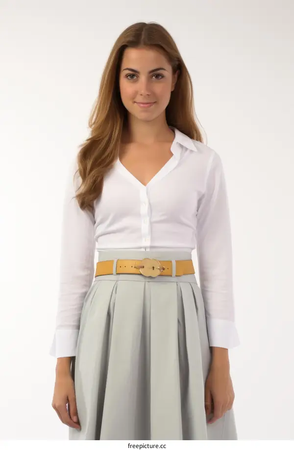 Fashion model with white shirt and gray skirt
