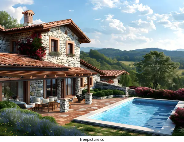 European style house with swimming pool