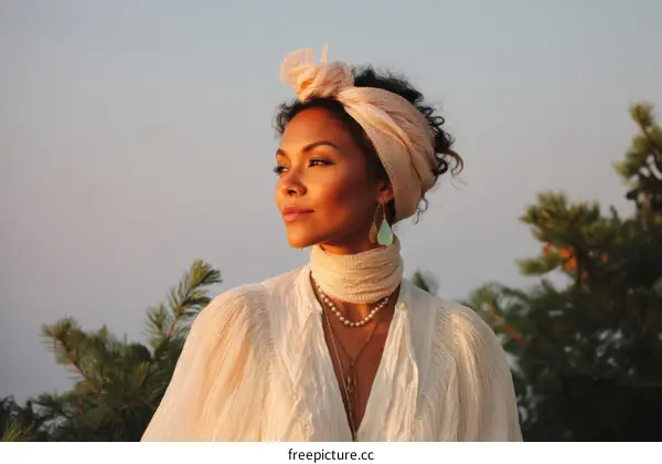 Woman in a Beautiful Light Beige Head Wrap