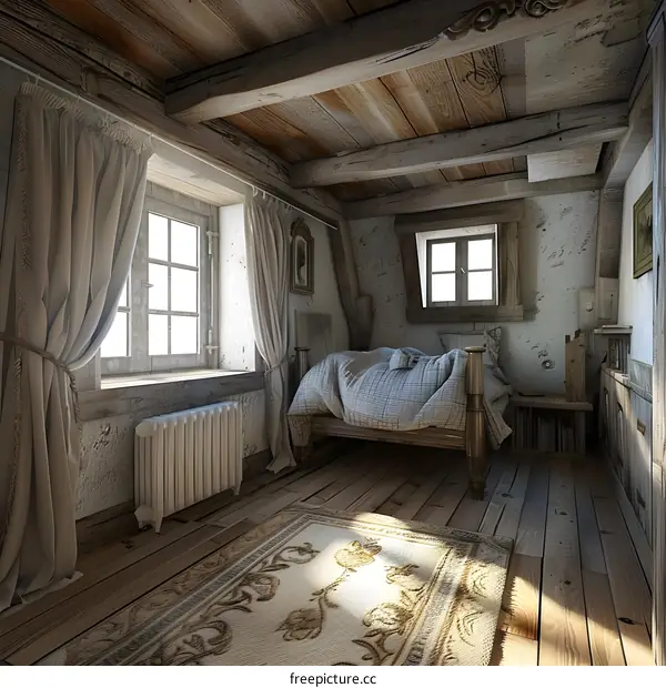 Rustic Wooden Bedroom With A Bed And A Rug