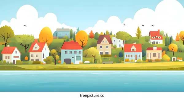 Colorful Illustration of Houses by the River