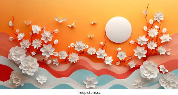 Paper Flowers and Butterflies on Orange Background