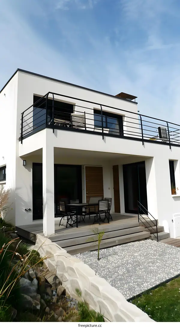 Modern White House with Wooden Balcony and Deck