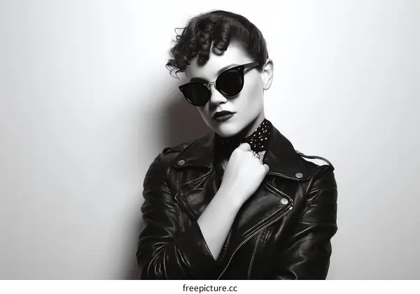Stylish Woman in Black Leather Jacket and Sunglasses