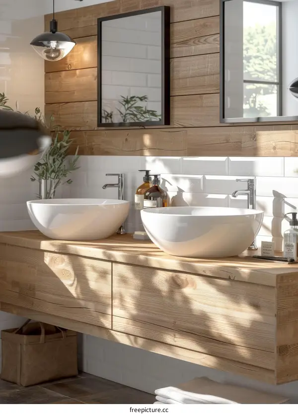 Rustic Wooden Bathroom Vanity with Double Sinks