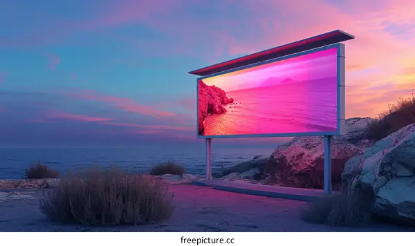 A billboard stands on the beach at sunset