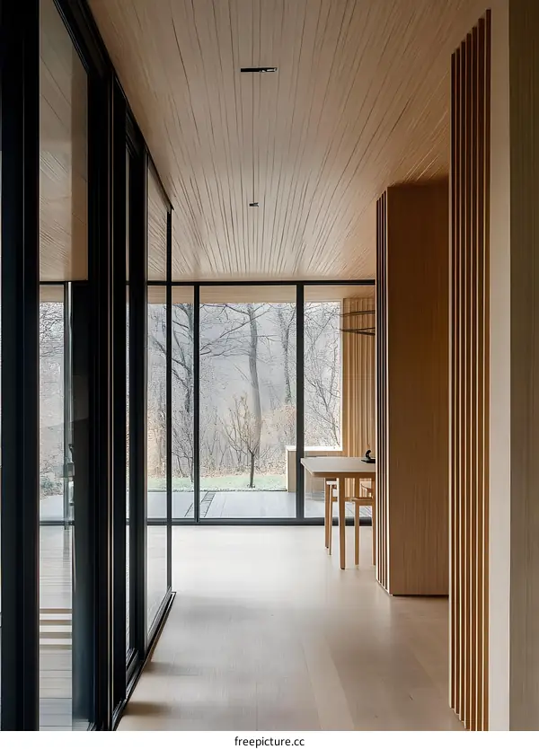 Modern Minimalist Interior Design With Wooden Ceiling and Large Windows
