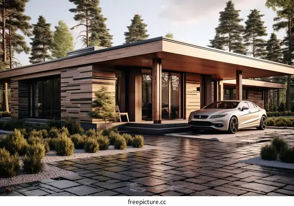 Wooden house with large windows and a carport