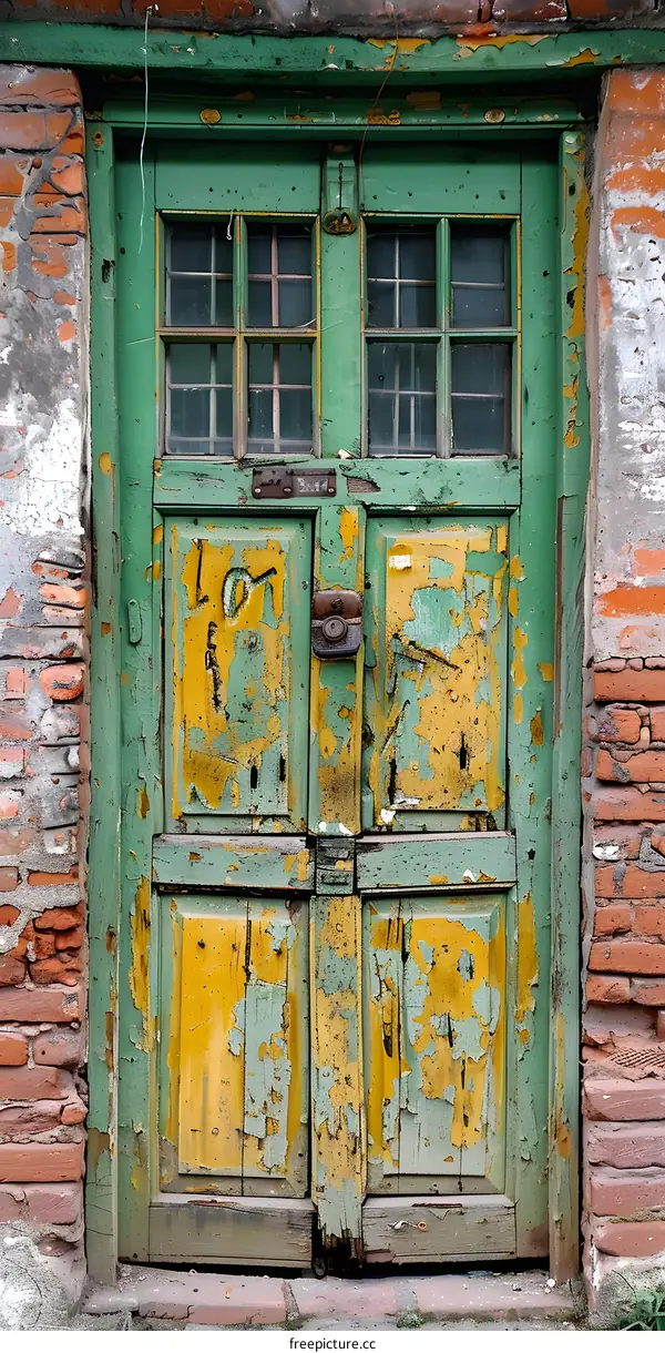 weathered green door with yellow peeling paint