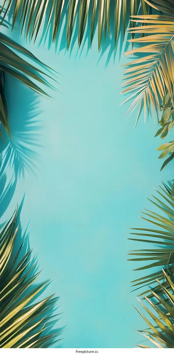 Tropical Palm Leaves on Blue Background