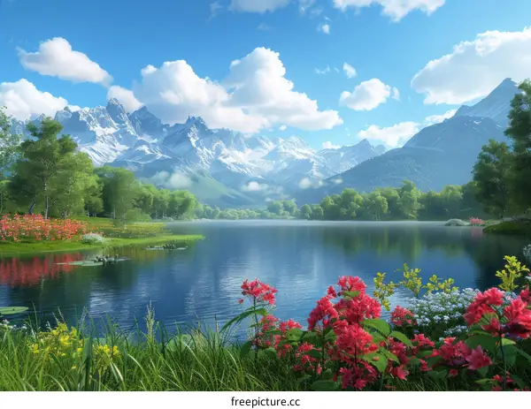 Tranquil Mountain Lake with Vibrant Flowers