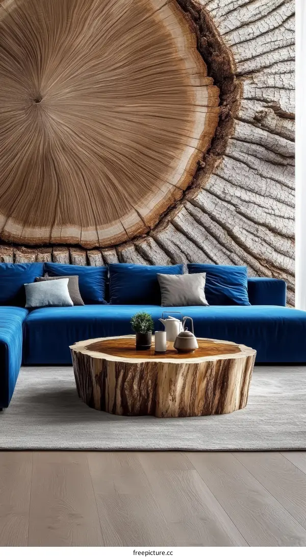 Wooden Tree Trunk Coffee Table in Modern Living Room