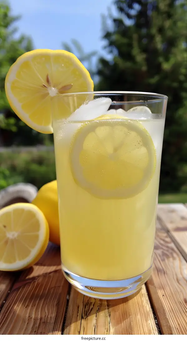 Refreshing Lemon Drink with Ice on a Wooden Table