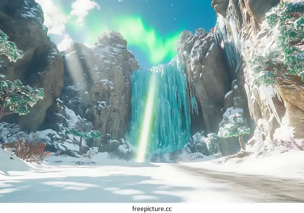 Frozen Waterfall with Aurora Borealis in Winter Landscape