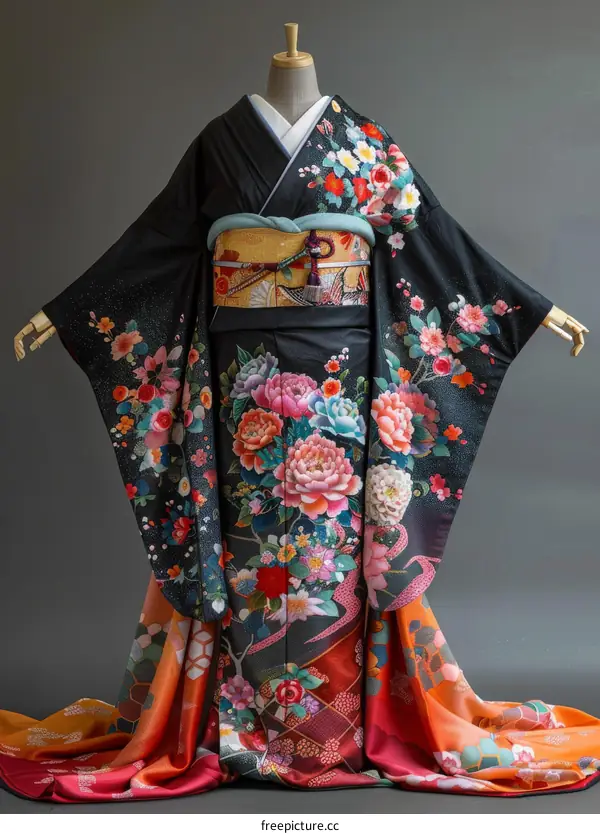 A woman wearing a black kimono with colorful floral patterns.