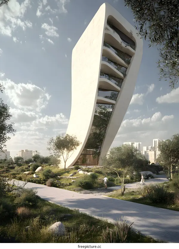 Modern Curved Building Design with Green Plants and Walkway