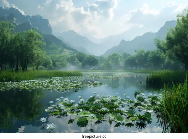 Misty Mountains and Serene Lake with White Water Lilies