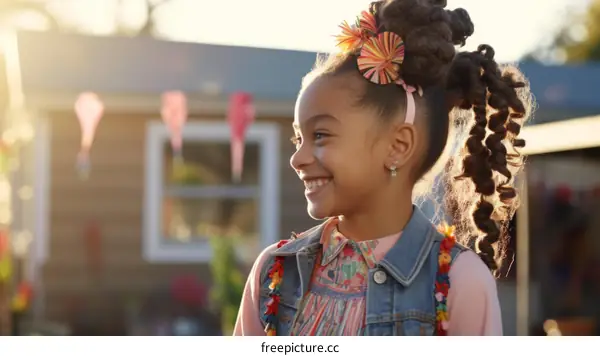 Portrait of a smiling African-American girl with curly hair wearing a pink shirt and denim jacket