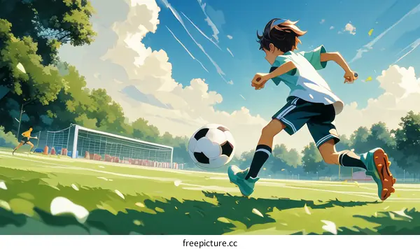 A boy is playing soccer in the field