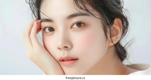 Portrait of Young Asian Woman with Soft Makeup and Long Hair