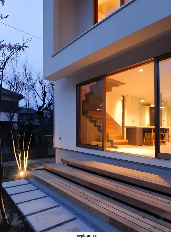 Modern House Exterior With Wooden Deck and Staircase